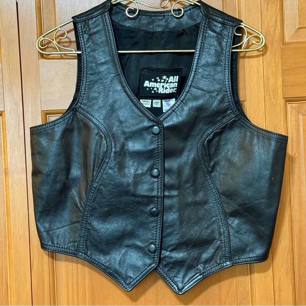 Vintage Black Leather Moto Vest by All American Rider Size Large